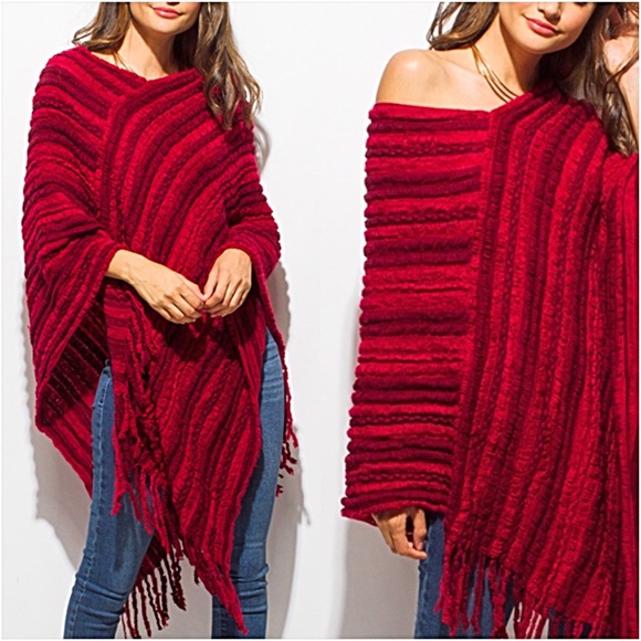 Sweaters - Soft Bohemian Red Fringe Poncho Sweater
